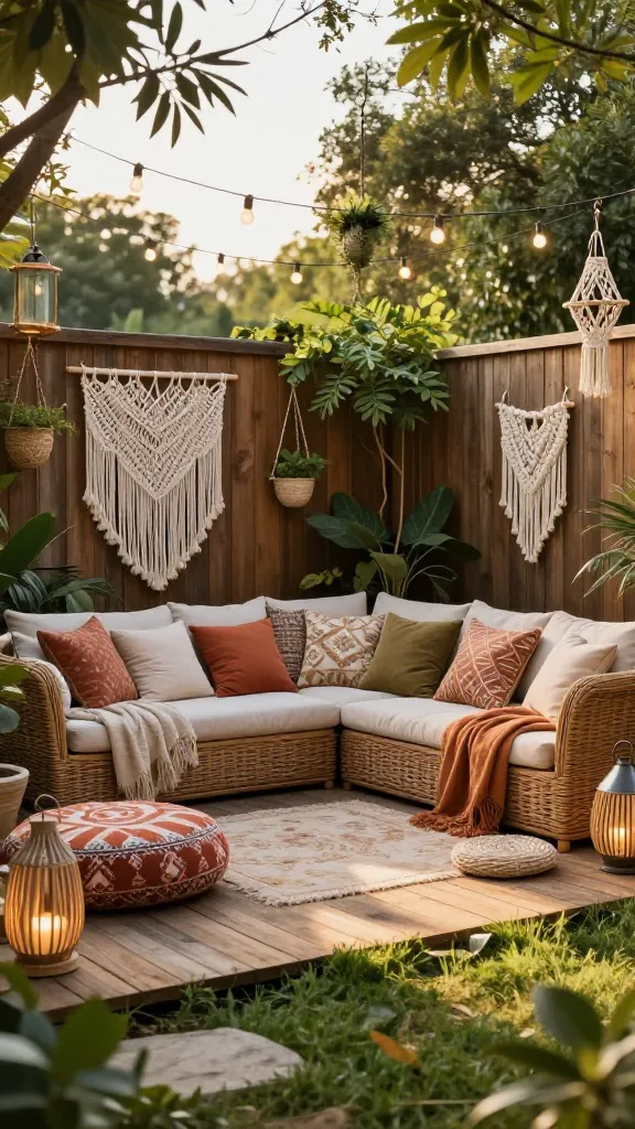 A wide shot of a bohemian backyard retreat bathed in the warm glow of late afternoon golden hour. The centerpiece is a low-slung, comfortable wicker sectional sofa, generously adorned with an array of patterned floor cushions and soft, textured throws in earthy tones such as terracotta, cream, muted olive, and sun-faded orange. Overhead, delicate outdoor string lights crisscross the space, beginning to twinkle. A natural wood fence in the background serves as a canvas for intricate macrame wall hangings and macrame plant hangers overflowing with lush, green foliage. Various decorative lanterns, made of metal and natural fibers, are strategically placed on the ground and hanging from tree branches, emitting a soft, inviting light. The ground is a mix of weathered wood decking and soft, sun-drenched grass, creating a relaxed and inviting atmosphere. The scene evokes a free-spirited, eclectic, and cozy haven, perfect for casual entertaining or unwinding. High-quality realistic photo, no text.