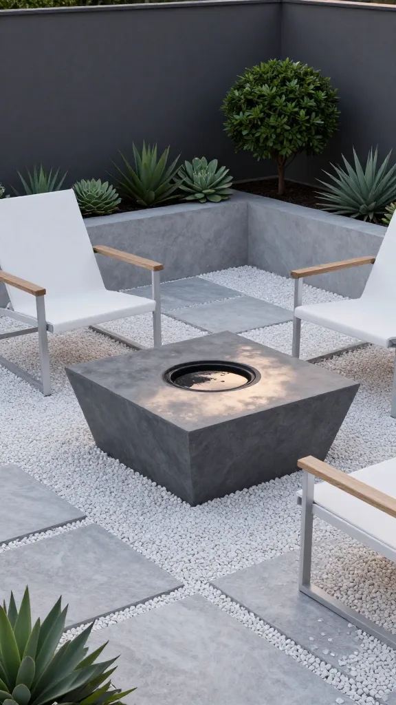 A high-angle, realistic photograph capturing a serene modern minimalist backyard sanctuary at dusk. The design emphasizes clean lines and intentional simplicity. Dominating the center is a large, geometric charcoal grey concrete fire pit, its smooth surface reflecting the soft, diffused light. Two streamlined white aluminum lounge chairs, featuring subtle natural wood armrests, are meticulously placed on either side of the fire pit, inviting relaxation. The ground is composed of large, light grey paving slabs interspersed with fine white pebbles, leading to a clean, uncluttered space. Subtle pops of vibrant green come from low-profile planters holding architectural succulents and a carefully placed small, manicured bush in the background. The overall color palette is charcoal grey, white, and natural wood tones. The scene is bathed in the warm, diffused glow of late afternoon, creating an atmosphere of calm, order, and sophisticated understated elegance. No text.