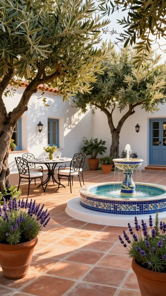 A sun-drenched, vibrant Mediterranean backyard, designed as an inviting escape. The scene features a terracotta-tiled patio bordered by crisp white stucco walls. Several mature olive trees cast dappled shadows, while terracotta pots overflow with fragrant lavender and rosemary. A set of elegant black wrought iron dining furniture with white cushions is arranged for alfresco dining. The focal point is a stunning, intricately tiled fountain, gently trickling water, reflecting the warm sunlight. The overall atmosphere is reminiscent of a Greek or Italian coast, peaceful and luxurious. High-resolution, realistic photograph, taken during golden hour.