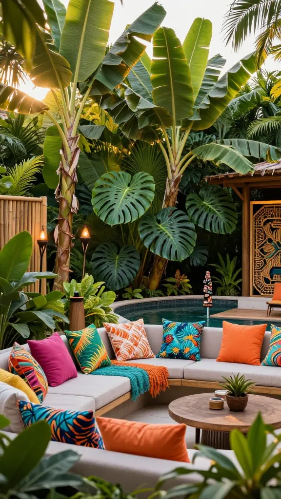 A vibrant and lush backyard transformed into an inviting 'Tropical Paradise Playground'. The scene showcases a comfortable outdoor lounge area featuring a low-slung sofa and armchairs, adorned with an abundance of brightly colored cushions and throws boasting bold, exotic patterns and varied textures. Towering banana trees and sprawling monstera plants create a dense, verdant jungle-like backdrop, overflowing with rich green foliage. A small, elegantly designed water feature provides a subtle, calming sound. Bamboo accents are integrated throughout the space, appearing in planters, decorative screens, and elements of the furniture. Several unlit tiki torches are strategically placed, adding to the exotic ambiance. The late afternoon sun casts a warm, golden glow, highlighting the joyful burst of colors and intricate details. High-resolution, professional outdoor photography, realistic, no people, no text.