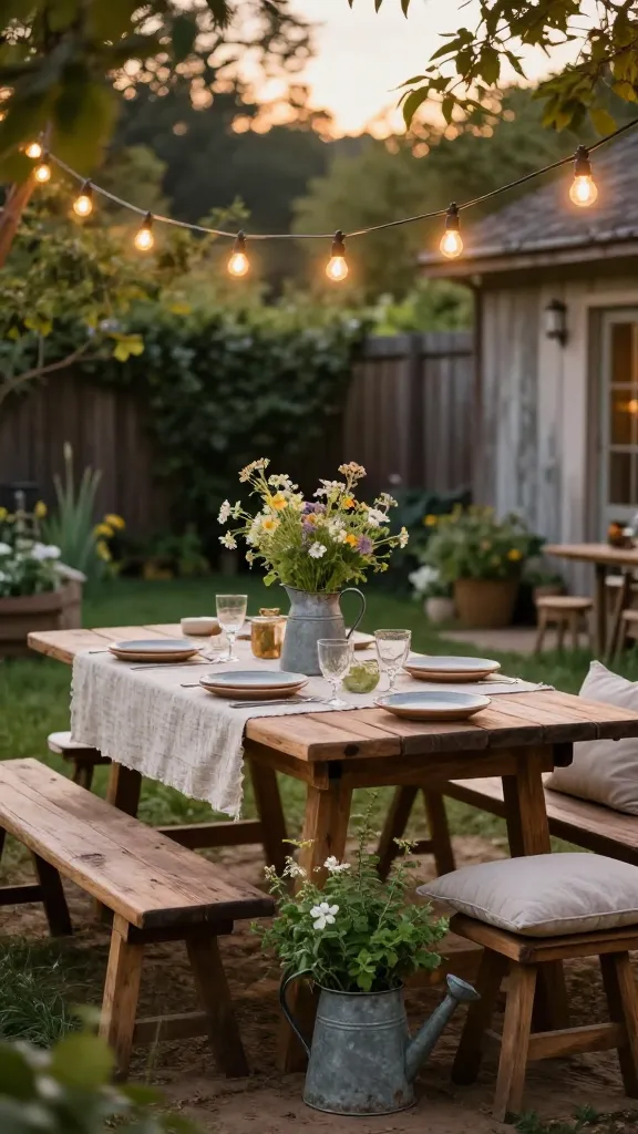 A beautifully styled, high-quality photograph showcasing a charming rustic farmhouse retreat in a cozy backyard at golden hour. A long, sturdy farm table crafted from rich, weathered reclaimed wood with matching bench seating is centrally placed, illuminated by warm, glowing string lights draped artfully overhead. The table is set simply with a textured linen runner, a galvanized metal pitcher holding freshly picked wildflowers, and a few rustic ceramic plates, suggesting an imminent gathering. Nearby, an old, tarnished galvanized watering can overflows with vibrant green herbs and small white flowers, repurposed as a charming planter, adding a touch of vintage character. Soft, natural-toned cushions are subtly placed on the benches to enhance comfort and invitation. The surrounding backyard features lush, blurred greenery and a hint of a distressed wooden fence in the background, creating an inviting, tranquil atmosphere perfect for slow living. The overall scene exudes warmth, comfort, and an authentic farmhouse charm. No text.
