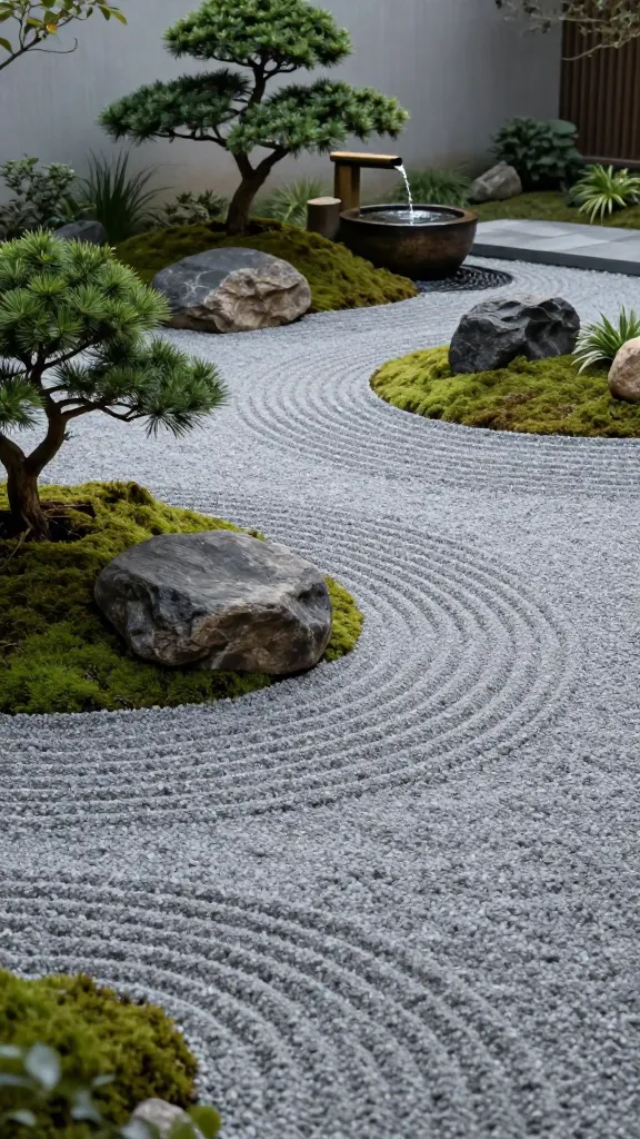 A high-quality, realistic photograph capturing a meticulously designed Zen garden, serving as a tranquil retreat within a private backyard. The composition showcases a harmonious blend of natural elements: a pristine expanse of finely raked light grey gravel forming elegant, undulating pathways, punctuated by carefully selected large, smooth, dark river stones that anchor the space. Lush, vibrant green moss grows around the bases of these stones and beneath several miniature, perfectly pruned dwarf conifers, adding a touch of living softness. A small, trickling bamboo water feature is prominently featured, gently releasing water into a shallow, dark stone basin, creating subtle, soothing ripples. The overall color palette is inherently subdued, dominated by natural greens, various shades of grey, and earthy browns, promoting a sense of calm and balance. The lighting is soft and diffused, suggestive of a peaceful early morning or late afternoon, casting gentle shadows that enhance the garden's contemplative depth. The focus is sharp on the intricate details of the raked patterns and the delicate water flow, inviting a moment of quiet reflection. No text on image.