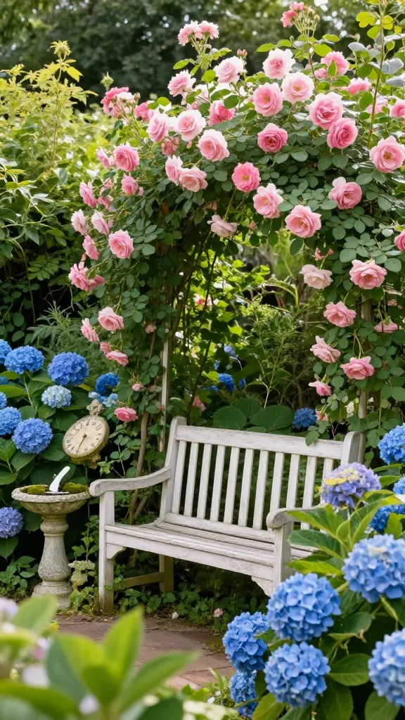 A high-quality, realistic photo of an enchanting English countryside backyard garden. Lush, slightly untamed greenery overflows with an abundance of vibrant blooms, including climbing pink roses and large blue hydrangeas, creating a whimsical, storybook atmosphere. A charming, weathered white wooden garden bench is nestled invitingly in a secluded nook, partially enveloped by the climbing roses. Adjacent to the bench, a small, ornate bird bath with delicate moss accents and a weathered stone sundial add to the old-world romance. Soft, dappled sunlight filters through the dense foliage, highlighting the delicate details of the flowers and the serene beauty of the scene. No text.