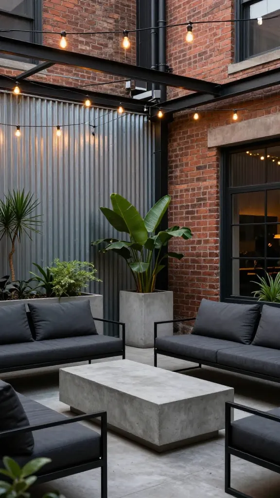 A high-quality, realistic photo of an industrial urban loft-style backyard at dusk. The edgy outdoor space features sleek black metal framed lounge seating with dark grey cushions, centered around a robust concrete coffee table. Large, minimalist concrete planters are strategically placed, filled with architectural green plants. An exposed brick wall or corrugated metal panel serves as a stylish backdrop, enhancing the metropolitan vibe. Overhead, a black metal pergola is artfully strung with warm Edison bulb string lights, casting a soft, inviting glow. The overall aesthetic is contemporary, sturdy, and a little gritty, showcasing a sophisticated, no-fuss design. No text.