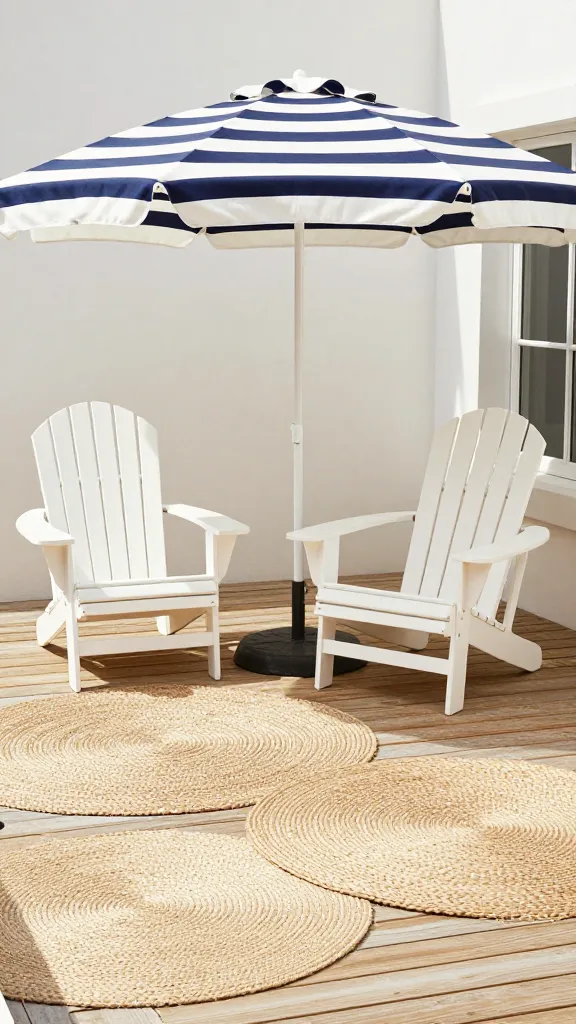 A sun-drenched backyard patio designed with a sophisticated Coastal Hamptons vibe. Two crisp white Adirondack chairs are arranged invitingly on a light-toned wooden deck, positioned under a large, elegant navy and white striped market umbrella that provides ample shade. Multiple natural fiber rugs, varying in size and weave (such as jute and sisal), are layered artfully on the deck, defining the space and adding rich texture. The overall color palette is dominated by fresh whites and natural tones, with the navy accents from the umbrella providing a subtle nod to the sea. The atmosphere is breezy, effortlessly chic, and feels like a breath of fresh air. Sunlight casts soft, pleasant shadows. Photorealistic, high-resolution, professional outdoor photography, no text.
