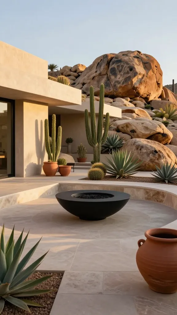 A high-quality, realistic photograph of a stunning desert modernism backyard at golden hour. The outdoor space features clean architectural lines in sandy beige concrete and natural stone hardscaping, creating defined zones. A sleek, black circular fire pit bowl serves as a central focal point. Surrounding it are meticulously arranged drought-tolerant plants, including various cacti and large succulents, some in terracotta planters. Strategically placed large, smooth boulders in warm earthy tones are integrated into the landscape. The overall color palette is dominated by sandy beige and terracotta, complemented by muted greens from the foliage, with striking accents of black from the fire pit and subtle rust-colored metal elements. The scene emphasizes sustainable, low-maintenance beauty with a dramatic and utterly unique aesthetic, bathed in soft, warm light that casts artistic shadows across the modern desert landscape. No text.