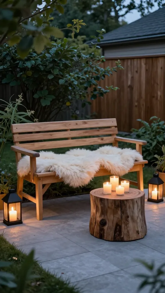 A realistic, high-quality photograph of a serene Scandinavian Hygge haven nestled in a cozy backyard at twilight. A sturdy, light natural wood slatted bench is the focal point, adorned with a plush, creamy white sheepskin throw draped invitingly over one end. Adjacent, a simple, low natural wood stump table holds a cluster of flickering pillar candles in minimalist glass holders, casting a soft, warm glow. Several black matte metal lanterns with warm LED lights are strategically placed on the light grey paver patio, providing gentle ambient illumination. Lush green foliage and a glimpse of a wooden fence frame the intimate space, emphasizing a deep connection to nature. The overall atmosphere is incredibly welcoming, tranquil, and embodies comfort and simple elegance, with no visible text.