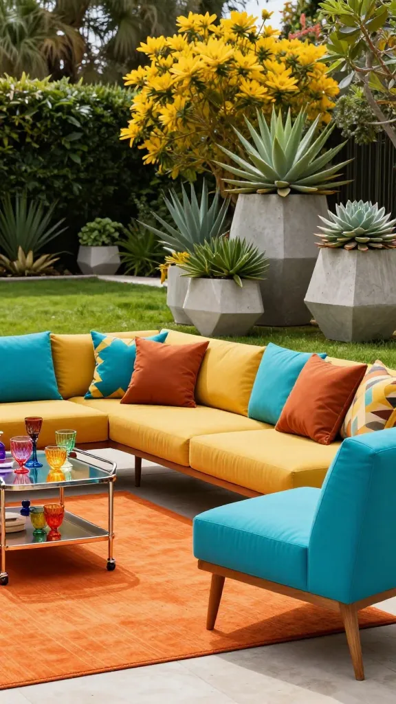 A vibrant, playful Mid-Century Modern backyard patio scene under bright natural sunlight. The central focus is a sleek, low-slung outdoor sectional sofa with tapered wooden legs, upholstered in a mix of bold, contrasting cushions featuring geometric patterns in teal, mustard yellow, and burnt orange. A striking bright turquoise accent chair perfectly complements the arrangement. An eye-catching bright orange outdoor rug with a subtle linear pattern anchors the seating area. Nearby stands a polished chrome and teak vintage-inspired bar cart, styled with colorful retro glassware. Large, architectural concrete planters in various geometric shapes, overflowing with lush, sculptural succulents, are strategically placed. The background features a pristine green lawn and mature, vibrant foliage, creating an optimistic and stylish outdoor oasis. High-resolution, realistic outdoor photography, no text.