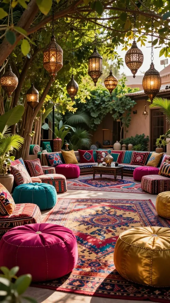 A high-quality, realistic photograph of an opulent, exotic Moroccan souk-inspired lounge transforming a lush backyard at golden hour. The space is vibrant with layered patterned outdoor rugs, plush floor cushions, and an array of poufs in rich jewel tones of fuchsia, teal, and gold. Numerous intricate metal lanterns hang, casting beautiful, soft shadows across the scene, creating an enchanting and inviting atmosphere. Lush green foliage of the backyard frames this colorful, maximalist outdoor living area.