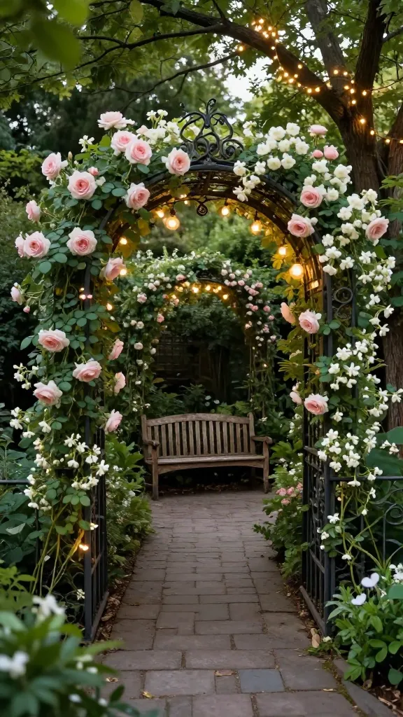 A high-quality, realistic photograph of a magical 'Secret Garden Whimsy' backyard retreat. A narrow, winding flagstone path invites exploration, disappearing behind a charming, ornate wrought-iron garden archway heavily draped with abundant, overgrown climbing roses and fragrant jasmine vines. Beyond the archway, a secluded seating area reveals a weathered, distressed wooden bench nestled under the dense canopy of mature trees. Delicate, warm-toned fairy lights are intricately strung through the tree branches above, casting a soft, enchanting glow. Lush flowering vines and dense foliage spill over the path and around the seating, creating a sense of intimate enclosure and playful mystery. Dappled sunlight filters through the leaves, illuminating the hidden space. The atmosphere is one of peaceful contemplation and whimsical discovery, a true escape within a backyard. No text.