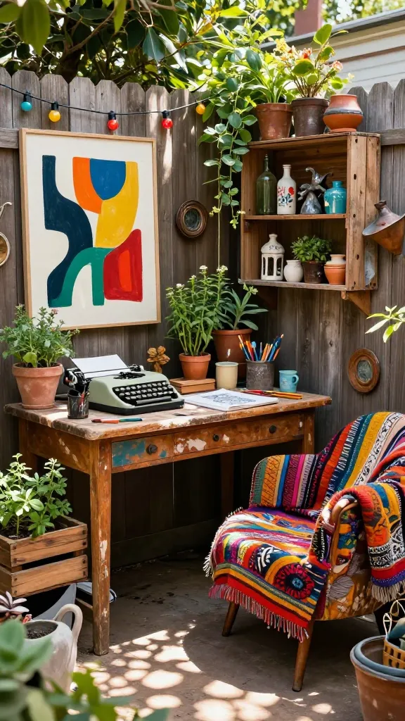 A high-quality, realistic photo of an eclectic artist's studio set up in a lush backyard, bathed in warm, dappled sunlight. The scene is a vibrant mix of repurposed treasures and unexpected artistic touches. A vintage wooden desk, slightly worn and paint-splattered, is the focal point, adorned with an old typewriter, a sketchbook, and various art supplies. Beside it, a comfortable, mismatched armchair is draped with a brightly patterned, colorful textile. Old wooden crates, overflowing with a variety of plants like herbs, succulents, and small flowering shrubs, are strategically placed as planters around the studio. A large, abstract modern art piece in bold, contrasting colors leans against a rustic wooden fence, while smaller found objects like antique bottles and weathered metal sculptures are artfully arranged on shelves made from reclaimed wood. Colorful string lights are strung casually overhead, and a collection of mismatched ceramic pots adds to the bohemian charm. The overall atmosphere is one of joyful self-expression and creative freedom, showcasing a rich tapestry of textures and colors in a truly unique outdoor workspace. No text.