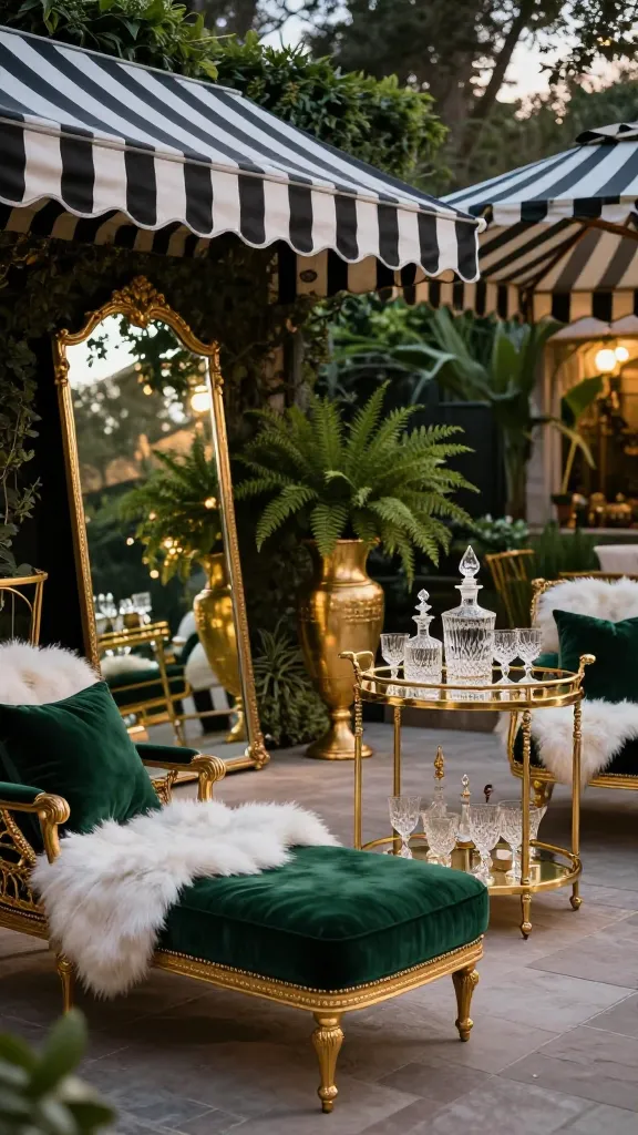 A stunning, opulent Hollywood Regency patio at dusk, designed for sophisticated outdoor entertaining. The luxurious backyard space features elegant gold-finished outdoor furniture, including a plush chaise lounge and two armchairs, adorned with sumptuous emerald green velvet and white faux fur throws. Large, antique-style mirrored panels lean against a garden wall, reflecting the soft ambient light, while highly polished gold planters gleam with exotic ferns. A meticulously stocked gold bar cart, laden with crystal decanters and sparkling glassware, stands ready for cocktails. Overhead, a dramatic black and white striped awning provides a chic canopy, completing the look of old-school Hollywood glamour. The high-resolution, realistic photograph captures the scene with inviting warm lighting and a slight bokeh effect in the background, emphasizing the luxurious details.