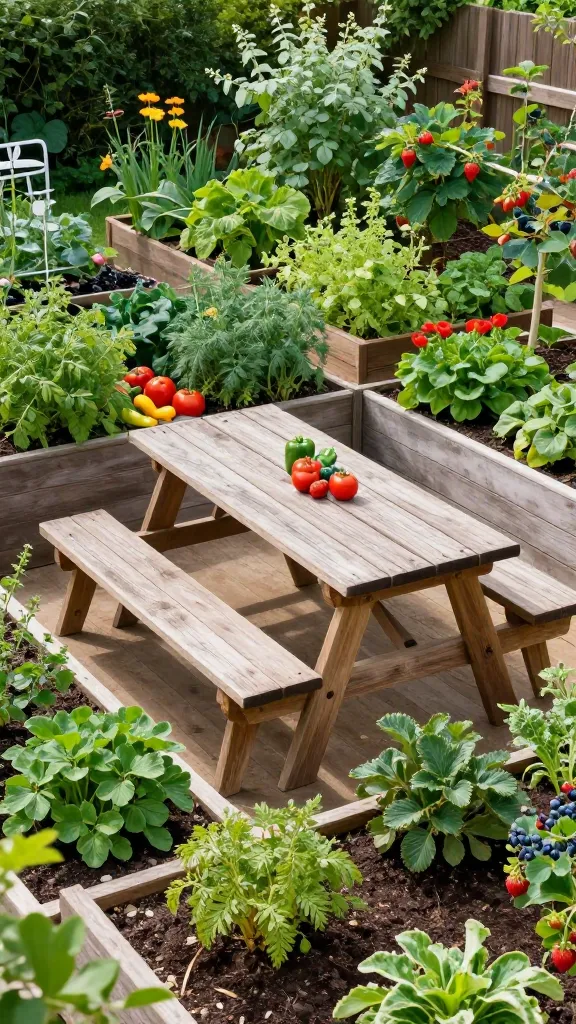 A high-angle, sun-drenched photograph of a beautifully designed backyard transformed into a sustainable edible garden with integrated seating. A rustic wooden picnic table with benches is centrally placed, surrounded by meticulously arranged raised garden beds overflowing with a vibrant mix of lush green herbs, colorful vegetables like ripe tomatoes and bell peppers, and healthy fruit bushes such as strawberries and blueberries. The scene emanates a fresh, functional, and inviting "farm-to-table" ambiance, with natural light highlighting the rich textures of the plants and weathered wood.