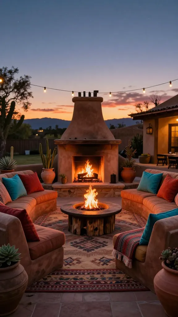 A high-quality, realistic photograph capturing an inviting Southwestern Sunset Lounge in a beautifully decorated backyard. The scene is set at twilight, with the sky transitioning from warm sunset hues to a deep indigo, dotted with emerging stars. At the heart of the lounge is a rustic, kiva-style fireplace or fire pit, casting a soft, flickering glow. Arranged around it are low-slung, comfortable outdoor sofas and armchairs, upholstered with richly textured woven fabrics in a warm palette of terracotta, ochre, and deep reds, accented with vibrant turquoise and rust throw pillows and blankets. A large, chunky outdoor rug with subtle geometric patterns in earthy tones anchors the seating area. Natural materials like weathered wood, clay pottery holding desert plants (succulents, cacti), and subtle ironwork details define the decor. The lighting is soft and ambient, with string lights draped overhead or lanterns casting a gentle glow. The overall atmosphere is cozy, grounded, and authentic, evoking the spirit of the American Southwest, perfect for a cool evening.