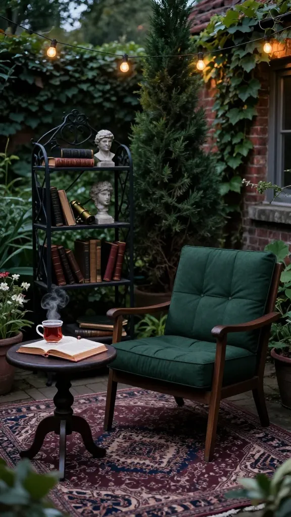 A high-quality, realistic photograph capturing a sophisticated 'Dark Academia Al Fresco' outdoor reading nook nestled within a lush, slightly overgrown backyard at twilight. The scene exudes a moody, intellectual, and slightly mysterious atmosphere. In the center, a comfortable dark wood outdoor armchair with deep forest green cushions is positioned on a vintage-inspired outdoor rug, featuring a faded, intricate Persian pattern in muted burgundy and navy. A small, dark wood round side table next to the armchair holds an open, antique-looking book and a steaming cup of dark tea in a ceramic mug. Behind the armchair, a small, ornate black wrought-iron outdoor bookshelf is carefully styled with weather-resistant decor, including faux leather-bound books, a small brass telescope, and a weathered stone bust. A tall, dramatic juniper tree stands prominently, its dark, slender silhouette adding to the scholarly ambiance. Subtle, warm string lights are gently draped overhead, casting a soft, inviting glow. The background features blurred, rich green foliage and a hint of an old, ivy-covered brick wall, enhancing the secluded and intellectual vibe. The focus is sharp on the detailed reading nook, with excellent depth of field, rich textures, and atmospheric, soft lighting. No text.