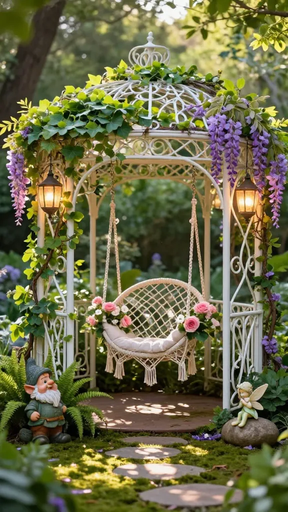 A realistic, high-quality photograph capturing a whimsical fairytale nook nestled in a lush backyard. The focal point is a small, ornate white wrought-iron gazebo, heavily draped with vibrant green ivy and delicate purple wisteria vines. Inside, a comfortable macrame hanging swing chair, adorned with cascading pink roses and white petunias, invites relaxation. The ground beneath is covered with moss-covered stepping stones, subtly interspersed with whimsical garden statues: a cheerful garden gnome peeking from behind a fern and a small fairy figurine perched on a smooth stone. Soft, dappled late afternoon sunlight filters through the foliage, creating magical light patterns, complemented by several warm-glowing solar lanterns hanging from the gazebo structure and vines, casting an enchanting, ethereal glow. The scene evokes a serene, dreamy, and truly magical escape. Professional photography, natural light, slight bokeh.