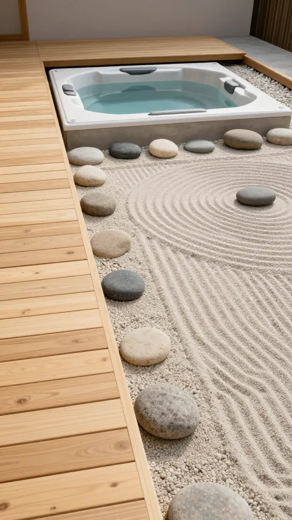 An inviting, eye-level wide shot of a minimalist Zen garden oasis. A low-profile, built-in hot tub is the tranquil centerpiece, seamlessly integrated into its surroundings. It is elegantly encircled by smooth, varied-sized river stones and meticulously raked light-colored zen sand, forming serene patterns. Adjacent to this, a spacious deck crafted from light-colored, natural wood like cedar or bamboo extends with clean lines, creating a seamless flow. The scene is bathed in soft, natural light, evoking a profound sense of calm and minimalist beauty. High-quality realistic photograph, no text.