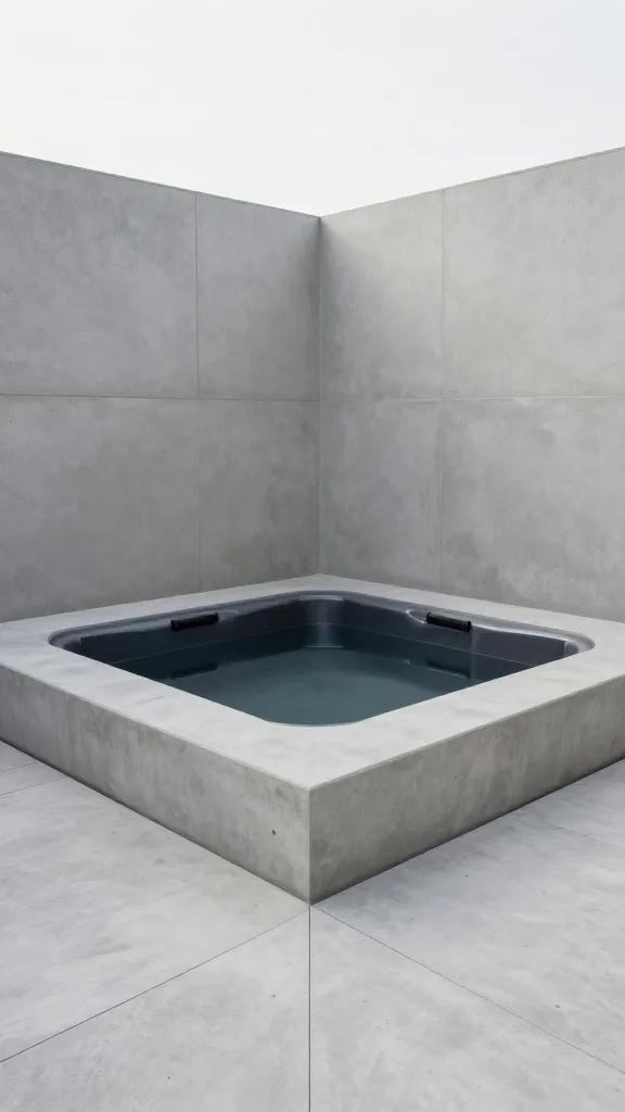 A high-definition, realistic photograph capturing a modern minimalist outdoor hot tub sanctuary. A pristine, square hot tub with sharp, clean edges, rendered in a deep charcoal finish, is perfectly recessed and flush with a polished light grey concrete patio. This seamless integration extends the contemporary aesthetic of an unseen, modern architectural home into the outdoor space. Smooth, unadorned concrete privacy walls rise subtly, enclosing the area with sophisticated simplicity. The scene is bathed in soft, diffused natural light, highlighting the crisp lines and luxurious, uncluttered environment. No people, no text.