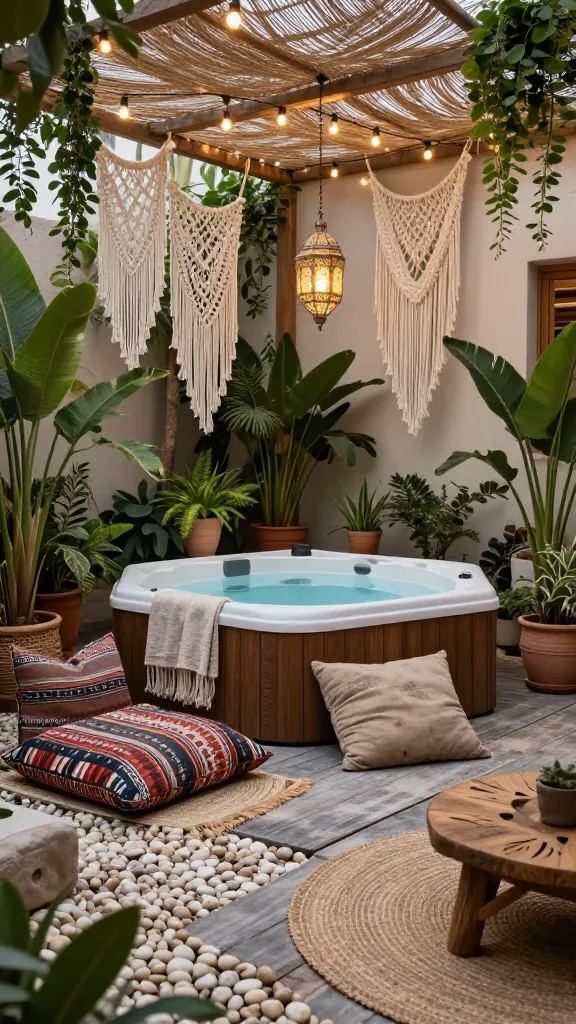 A freestanding hot tub is the luxurious focal point of an outdoor boho chic retreat, nestled amidst an abundance of lush potted plants of varying sizes and foliage, with numerous macrame hangers cascading greenery. The ground beneath is a mix of weathered, grey-toned wood decking and areas of smooth, light-colored pebbles. Overhead, a canopy of warm string lights intertwines with ornate Moroccan lanterns, casting a soft, inviting glow. The area is styled with layers of natural textures, featuring oversized floor cushions in earthy tones and global patterns, woven jute rugs, and draped linen throws. Rattan accents and low carved wooden tables complete the eclectic, comfortable, and collected vibe. High-quality, realistic photo, natural light at dusk.
