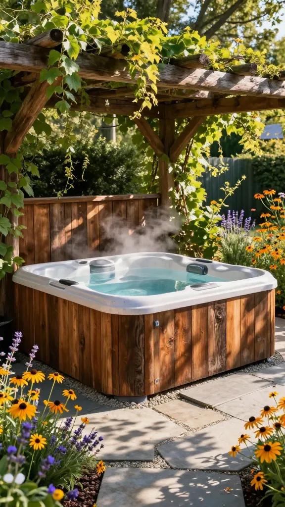 A high-angle, eye-level shot of a luxurious outdoor hot tub area designed with rustic farmhouse charm. The inviting hot tub is centrally placed, encased in a sturdy, rough-hewn surround made from richly textured, weathered reclaimed barn wood, showing natural grains and a warm, aged patina. Wisps of steam gently rise from the water. An irregular flagstone patio, with fine gravel infill, leads directly to the hot tub, bordered by an abundant, naturalistic planting of colorful wildflowers like coneflowers, lavender, and black-eyed Susans, creating a vibrant, soft edge. Overhead, a robust wooden pergola, constructed from rough-sawn timber, is beautifully draped with lush green climbing vines, casting dappled sunlight and shadow across the scene. The overall atmosphere is one of timeless comfort, natural elegance, and serene relaxation in a sun-drenched, inviting backyard setting. High-quality photo, realistic, no text.