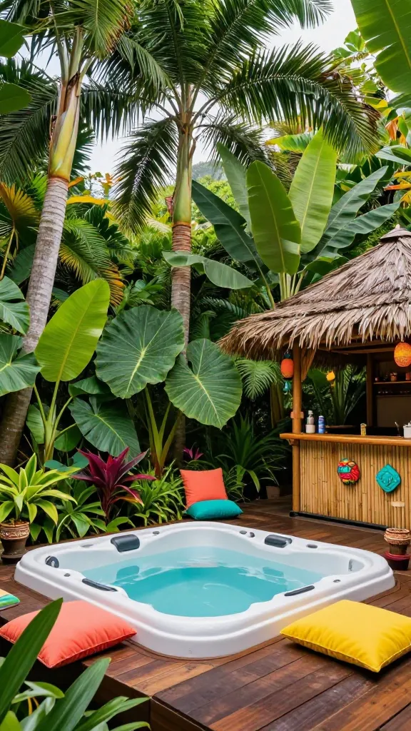 A luxurious, inviting hot tub is the central focus of a vibrant, dense tropical backyard escape. It is beautifully nestled amongst an abundance of lush, exotic foliage, including towering palms, broad-leafed banana trees, and dramatic elephant ear plants, creating a secluded, resort-like sanctuary. The hot tub rests on a rich, dark wood deck that seamlessly blends with the natural surroundings. To one side, a charming bamboo tiki bar, adorned with colorful accents, stands ready for entertaining. The scene is alive with a bold color palette featuring vibrant greens from the plants, punctuated by pops of teal, coral, and sunny yellow in cushions, towels, and decorative elements. The atmosphere is one of pure indulgence and vacation mode, captured in a high-resolution, realistic photograph with bright natural daylight, no text.