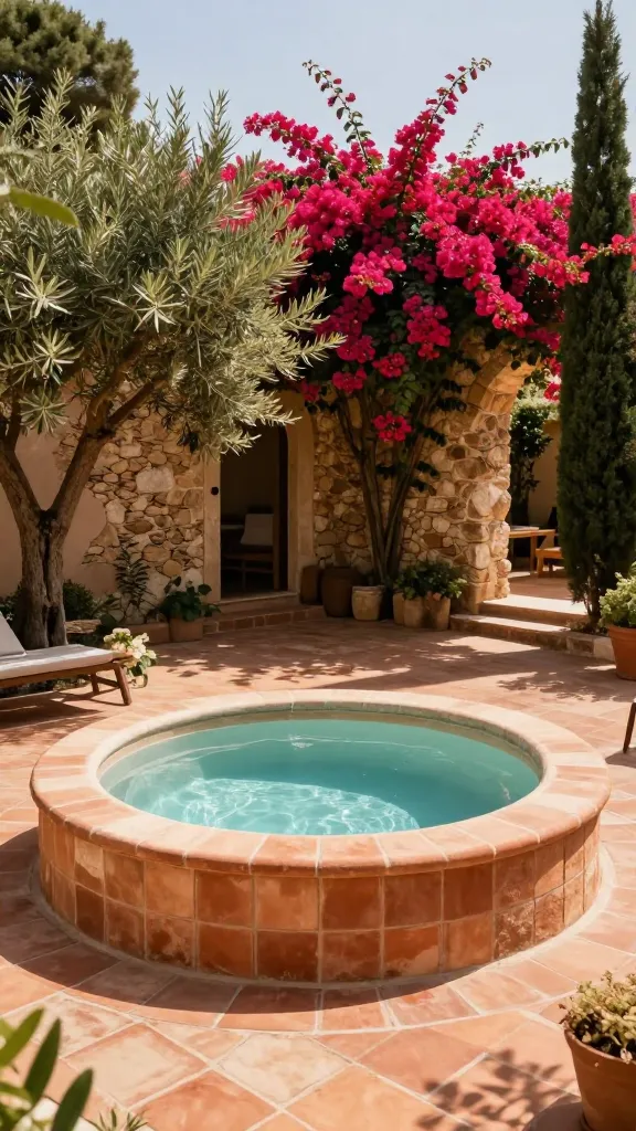 A realistic, high-quality photo capturing a luxurious Mediterranean courtyard dream. In the center, a round hot tub, clad in warm terra cotta tiles, evokes the charm of a Roman bath, filled with inviting, clear water. The expansive patio surrounding the hot tub is paved with classic terra cotta tiles in earthy tones. A rustic stone wall forms a backdrop, partially covered by vibrant fuchsia bougainvillea, adding a dramatic splash of color and ensuring privacy. Mature olive trees and slender cypress trees are strategically placed, casting soft shadows. The entire scene is bathed in warm, golden sunlight, creating a laid-back, al fresco atmosphere of old-world charm and relaxation.