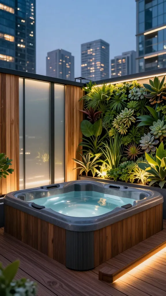 A high-quality, realistic photo showcasing a luxurious urban rooftop hot tub retreat at twilight. A sleek, compact, dark grey hot tub is elegantly integrated into a custom deck made of rich, dark ipe wood. Around the perimeter, sophisticated privacy screens feature a combination of vertical slatted natural wood and frosted glass panels, offering seclusion. A vibrant vertical garden filled with various lush green plants and succulents covers a nearby wall, maximizing space. Soft, warm LED lighting subtly illuminates the deck and the hot tub's interior, creating an inviting ambiance. In the background, the blurred, sparkling lights of a modern city skyline provide a stunning urban backdrop. The scene exudes sophistication and tranquility within a compact footprint.