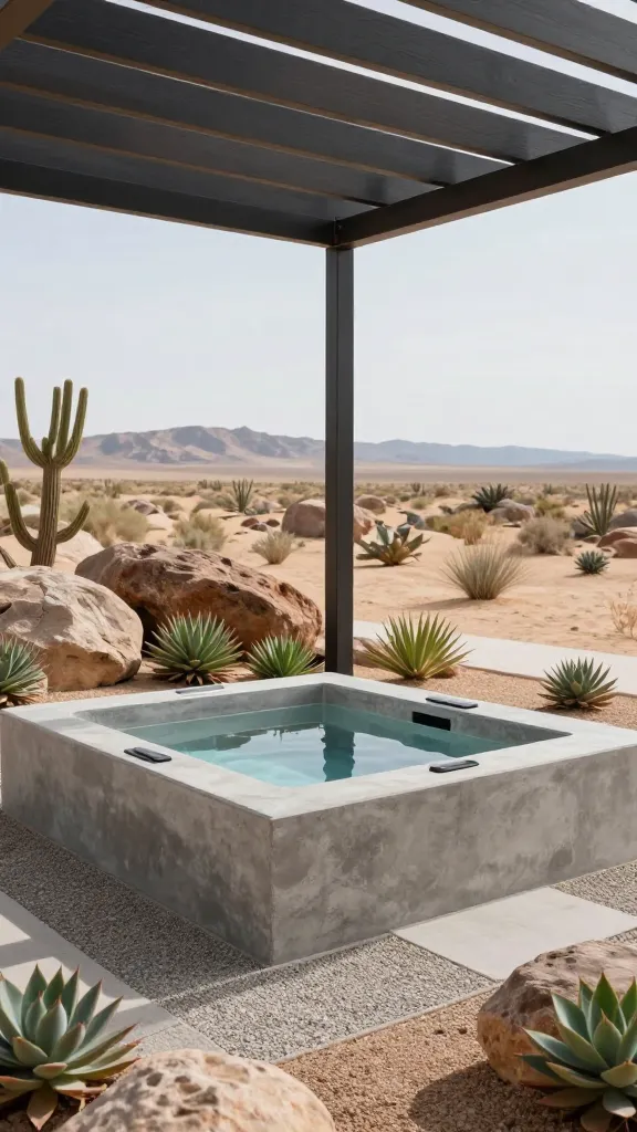 A high-quality, realistic photo of a luxurious desert modern spa. A sleek, rectangular concrete hot tub with a visible exposed aggregate finish sits seamlessly integrated into an arid landscape. It is surrounded by large, native desert rocks and a minimalist arrangement of various drought-tolerant succulents. The ground around the hot tub is composed of finely laid decomposed granite, complementing the natural, earthy tones of the scene. Overhead, a clean-lined, dark steel pergola provides partial shade, its minimalist structure allowing an unobstructed view of the expansive desert horizon under a bright, clear sky. The overall aesthetic emphasizes clean lines, natural textures, and a harmonious blend with the stark beauty of the desert environment.