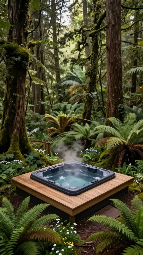 A high-angle, professional photograph showcasing a luxurious, dark-toned hot tub seamlessly integrated into a dense, ancient forest environment. The hot tub is set on a minimalist, natural wood deck that appears to float subtly a few feet above the forest floor, surrounded by towering, majestic trees that form a natural, living canopy. Lush native ferns, vibrant green mosses, and delicate forest wildflowers carpet the ground around the deck, blurring the lines between the structure and the natural landscape. Soft, dappled sunlight filters gently through the dense leaves above, illuminating the scene and highlighting the gentle steam rising from the hot tub. The atmosphere is one of profound seclusion, tranquility, and immersive natural luxury.