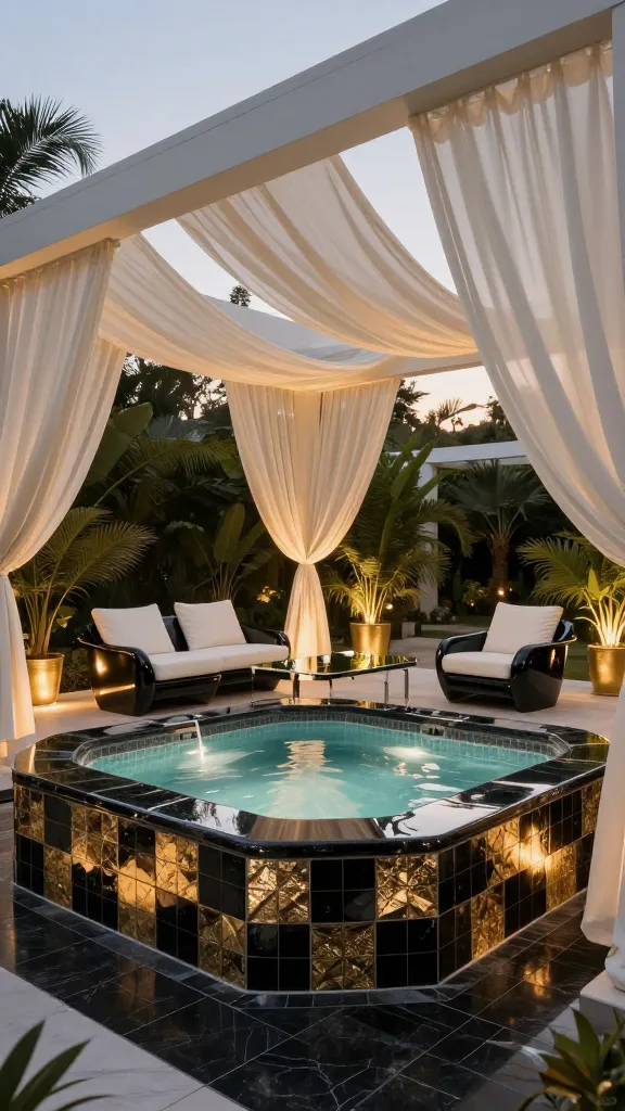 A high-resolution, professional wide-angle photograph capturing an opulent outdoor hot tub area at dusk, meticulously designed in a Glamorous Hollywood Regency style. The central hot tub is a showpiece, featuring a custom surround of glossy black and gold geometric tiles with shimmering metallic accents, reflecting the soft evening glow. It is seamlessly integrated into a polished black granite patio that extends outwards, providing a luxurious foundation. Above, a modern white pergola is elegantly draped with voluminous, sheer cream-colored fabrics, creating a dramatic, flowing canopy. Adjacent to the hot tub, a mirrored outdoor coffee table is flanked by two sleek, lacquered black lounge chairs adorned with plush white cushions. Subtle, warm uplighting illuminates strategically placed lush potted palms in polished gold planters, adding depth and a touch of exotic luxury. The atmosphere is one of sophisticated drama and ultimate relaxation, devoid of people or text.