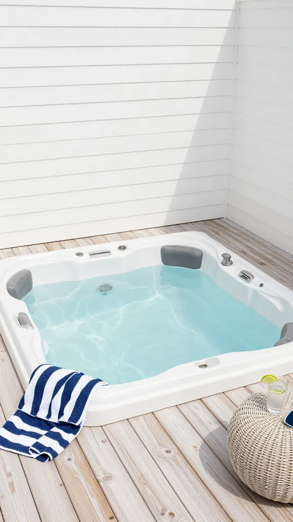 A high-angle, realistic photograph of a luxurious outdoor hot tub area designed as a coastal chic getaway. A modern, soft light blue hot tub is seamlessly integrated into a spacious deck made of light-colored, bleached oak planks. Behind the hot tub, a crisp white shiplap wall provides privacy and a classic Hamptons-inspired backdrop. Scattered around the deck are subtle accents of navy blue and white, such as a folded navy and white striped towel draped over a light-colored wicker side table, which holds a clear glass of water with a lime slice. The scene is bathed in bright, natural sunlight, creating a fresh, airy, and perpetually vacation-ready atmosphere. The overall color palette is dominated by whites, light blues, and natural wood tones. No text on image.