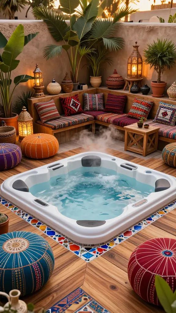 A high-quality, realistic outdoor photograph of a luxurious hot tub, central to an eclectic global bazaar-themed relaxation space. The hot tub is seamlessly integrated into a multi-material deck, featuring a rich interplay of warm natural wood planks and vibrant, intricate mosaic tile inserts. The surrounding area is a curated explosion of culture, adorned with several plush Moroccan poufs in varying jewel tones and low, rustic wooden seating layered with richly patterned Indian block-print cushions in earthy and vibrant hues. Scattered artfully are diverse global artifacts: hand-carved wooden lanterns casting a soft glow, woven baskets, and lush exotic plants in ornate terracotta pots, all contributing to a vibrant tapestry of textures and patterns. The scene is bathed in warm, inviting golden hour light, with gentle steam rising from the hot tub, creating a story-filled and deeply relaxing atmosphere.