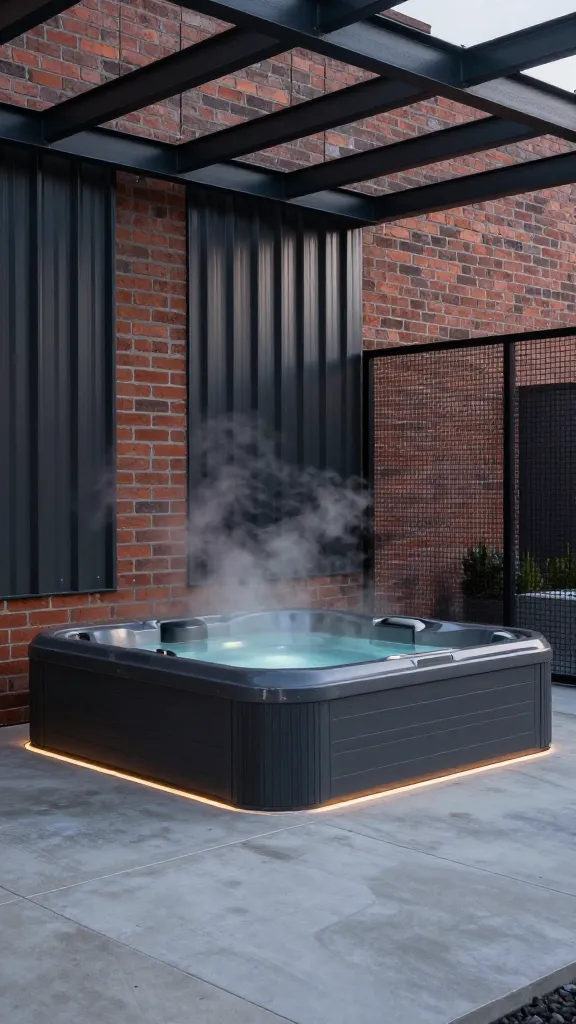 A slightly elevated eye-level shot captures a luxurious, sleek dark grey hot tub, perfectly recessed into a smooth, expansive polished concrete patio. Steam gently rises from the water, creating an inviting atmosphere. Behind the hot tub, a rugged exposed red brick wall provides a striking backdrop, partially adorned with vertical dark corrugated metal panels that add to the urban industrial aesthetic. Above, a sturdy black metal pergola with visible steel beams extends, offering structural interest and subtle shadow play. To one side, a minimalist black metal mesh screen acts as a transparent yet defined boundary. Integrated warm LED strip lighting subtly illuminates the hot tub's base and the edges of the concrete patio, highlighting the textures of the raw materials. The scene is meticulously clean, sophisticated, and edgy, showcasing a gritty-yet-polished industrial loft vibe at twilight, with soft ambient light. No people, no text.