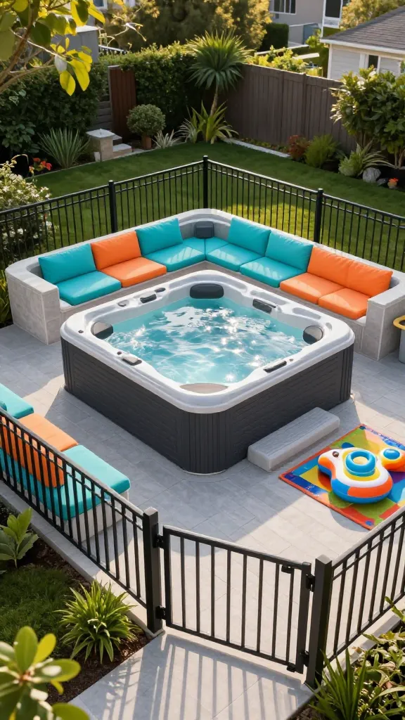 A high-angle, realistic photo capturing a vibrant and safe 'Kids & Family Fun Zone' in a modern backyard. A large, clean, dark gray, built-in hot tub is the central feature, surrounded by a light gray, non-slip composite deck. The hot tub area is clearly defined by a sturdy, low-profile black metal fence with a visibly self-closing gate. Integrated seating, featuring comfortable, weather-resistant cushions in shades of turquoise and orange, is built into the deck perimeter, creating a cozy gathering spot. Nearby, a small, colorful outdoor rug with a few neatly arranged inflatable pool toys hints at playful activity. The space is bathed in warm, late afternoon sunlight, highlighting the sparkling water and inviting textures. Lush, well-maintained green landscaping surrounds the zone, adding to the serene yet fun atmosphere. No people are present, but the scene clearly suggests readiness for family enjoyment. The overall aesthetic is clean, modern, and highly functional.