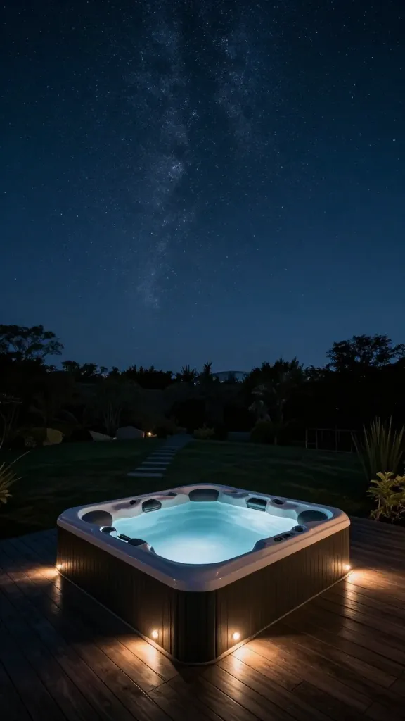 A cinematic, high-angle wide shot of a luxurious, dark-toned hot tub situated on a spacious, dark-stained wooden deck in a secluded, open backyard under a spectacularly clear, star-dusted night sky. The hot tub is positioned to maximize an unobstructed view of the cosmos, far from any light pollution. Subtle, warm, downward-facing LED pathway lights are integrated into the deck, casting a gentle, ambient glow around the hot tub's perimeter, carefully designed not to interfere with stargazing. The surrounding environment features minimal, low-profile landscaping that melts into the darkness, emphasizing the vastness of the night sky above. The scene evokes ultimate relaxation, luxury, and an intimate connection with the celestial. Ultra-high definition, professional night photography, realistic.