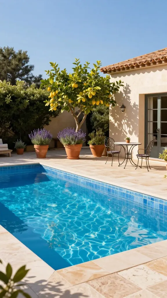 A high-resolution, sun-drenched photograph capturing a luxurious Mediterranean villa backyard. In the foreground, a pristine rectangular swimming pool with vibrant cobalt blue tiles shimmers brilliantly under the warm afternoon sun. The pool is elegantly framed by expansive, light-toned travertine paving that extends across the scene, providing a cool, inviting surface. Strategically placed around the pool area are several large terracotta pots, overflowing with lush green potted lemon trees and fragrant purple lavender bushes, adding splashes of natural color. To one side, a charming wrought iron bistro set, comprising a small table and two chairs, awaits, suggesting a perfect spot for relaxation. The overall ambiance is one of rustic elegance and tranquil resort living, bathed in golden sunlight with a clear azure sky overhead.