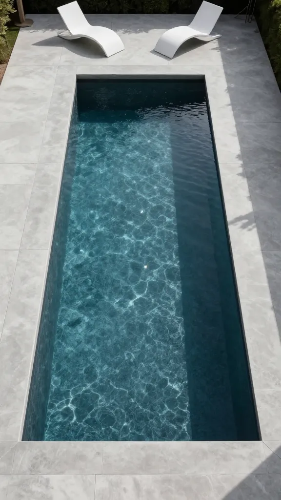 A high-quality, realistic photograph of a stunning modern minimalist lap pool. The long, narrow pool features a crisp, geometric shape, ideal for swimming laps. Its interior boasts a dark aggregate finish, creating a deep, reflective water effect that shimmers with subtle blue tones. Expansive, cool gray concrete decking surrounds the pool, providing a stark, clean contrast. Two sleek, minimalist white lounge chairs are elegantly positioned on the decking. The overall design emphasizes clean lines, understated luxury, and ultimate functionality within a pristine backyard setting under bright, natural light.
