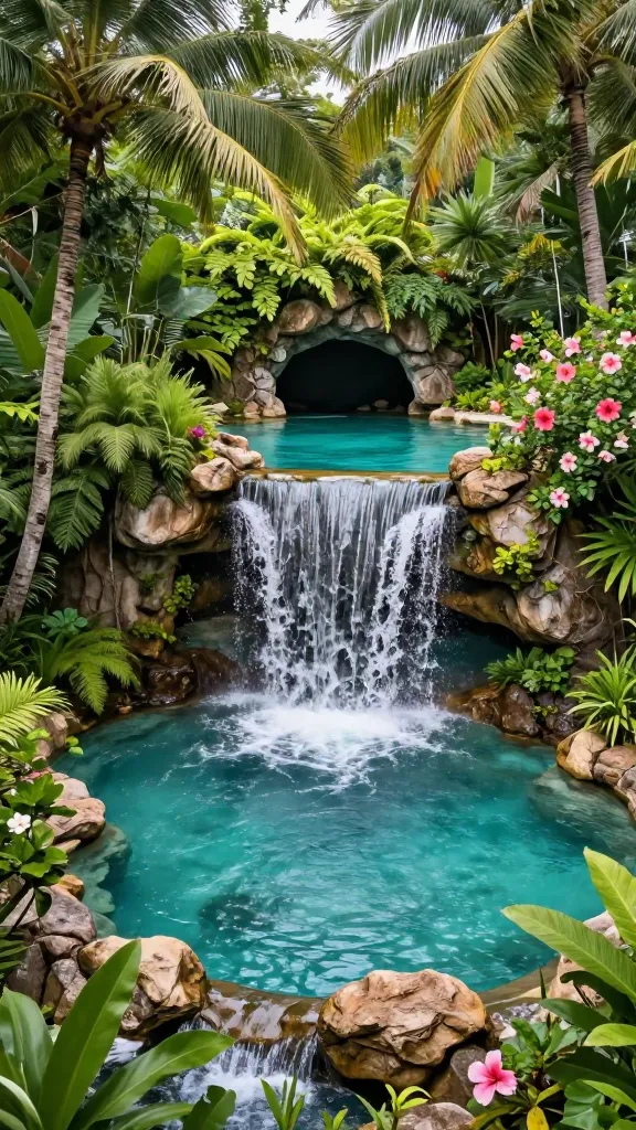 A high-angle, realistic photo of a stunning tropical lagoon swimming pool, organically shaped and seamlessly integrated into a lush, dense jungle-like landscape. The pool features natural, weathered rock formations along its edges, culminating in a magnificent, multi-tiered rock waterfall with crystal-clear water cascading dramatically into the inviting turquoise pool below. Behind the main waterfall, a hidden, cool, and private grotto is subtly visible, carved into the rock. The pool is surrounded by vibrant, exotic tropical landscaping, including towering palm trees, dense ferns, and splashes of colorful, blooming hibiscus flowers. The scene evokes a hidden paradise on an exotic island under bright, natural light.
