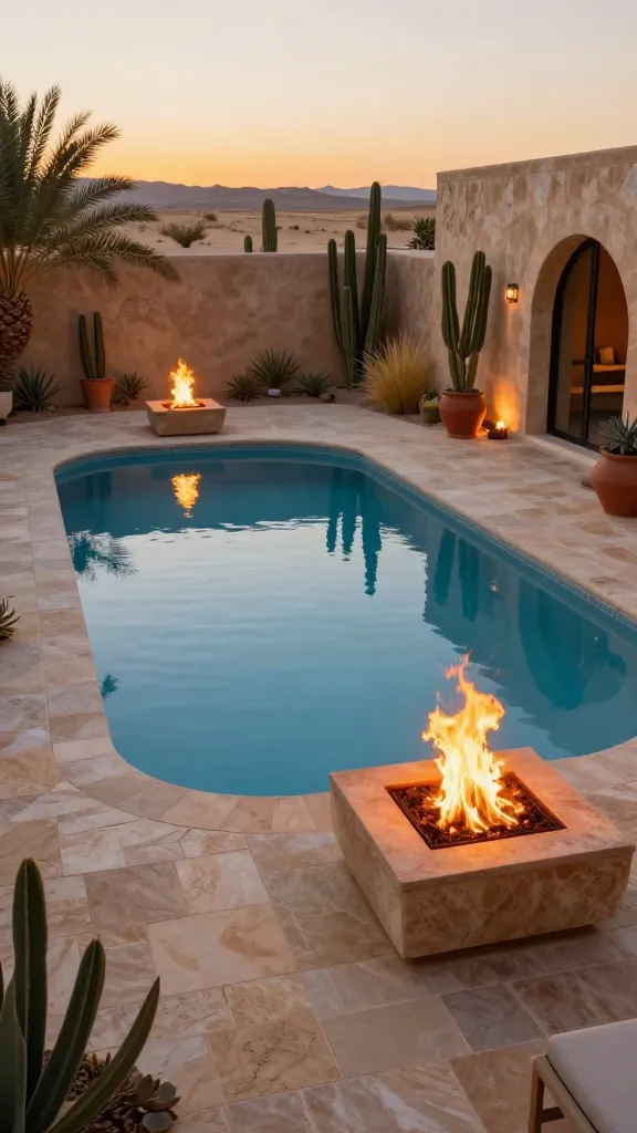 A high-resolution, wide-angle photograph capturing a luxurious desert oasis backyard at dusk. The centerpiece is a stunning, organically shaped swimming pool with inviting deep blue water, reflecting the warm, golden light of the setting sun. The pool is bordered by expansive decking made of warm sandy beige natural stone pavers and incorporates low, structured walls of the same material. Two elegant, square fire bowls, strategically positioned on the decking, emit captivating, vibrant orange flames that dance and cast dramatic, warm light across the pool's surface and surrounding area. Complementing the arid aesthetic, drought-tolerant landscaping includes a carefully curated selection of tall cacti, various succulents, and subtle desert grasses, planted in earthy-toned terracotta pots and integrated garden beds. The scene exudes a sophisticated, resort-like tranquility, highlighting the dramatic contrast between refreshing water and captivating fire. Realistic, high-quality, no text.