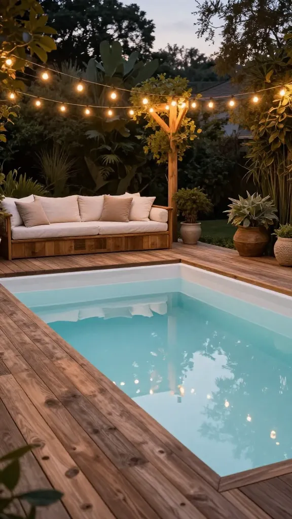 A realistic, high-quality photo of a sophisticated farmhouse chic backyard plunge pool area at dusk. The inviting, compact rectangular plunge pool features a clean, fresh white plaster interior, reflecting the soft ambient light. It is elegantly framed by wide planks of warm, reclaimed wood decking, rich in texture and character. Adjacent to the pool, a cozy outdoor lounge area is set up with comfortable, low-profile seating upholstered in natural linen fabrics in cream and beige tones, adorned with plush throw pillows. Overhead, strands of warm, glowing string lights crisscross, casting a magical, intimate ambiance. Subtle, rustic planters with lush green foliage add a touch of natural elegance to the refined yet relaxed setting. The scene perfectly blends rustic charm with modern comfort.