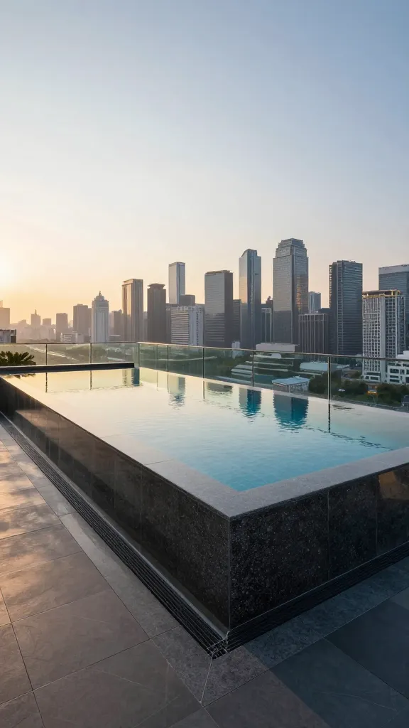 A stunning, sleek rectangular urban rooftop infinity pool, its dramatic infinity edge creating a breathtaking illusion of water merging seamlessly with a vibrant city skyline during golden hour. The pool's interior features a dark aggregate finish, enhancing reflections of the urban landscape and sky. Minimalist, crystal-clear glass railings ensure completely unobstructed panoramic views of the metropolis. The surrounding deck is sophisticated and modern, contributing to a luxurious, resort-like atmosphere. Realistic high-resolution photograph, sharp focus, no people, no text.