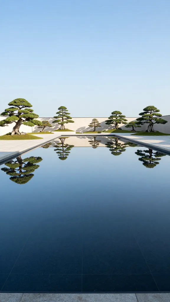 A high-resolution, realistic photograph capturing a serene Zen garden reflecting pool at eye-level. The pool is a perfect, shallow rectangle, filled with exquisitely still water that acts as a giant, dark mirror, flawlessly reflecting a clear, bright blue sky and the surrounding minimalist landscape. The pool's interior is lined with very dark, almost black, aggregate or tiles to maximize its reflective quality. On one side, meticulously pruned bonsai trees are artfully arranged on a clean, light-colored stone paving. The overall atmosphere is one of profound tranquility and contemplation, bathed in soft, natural daylight. No people or distractions are visible.
