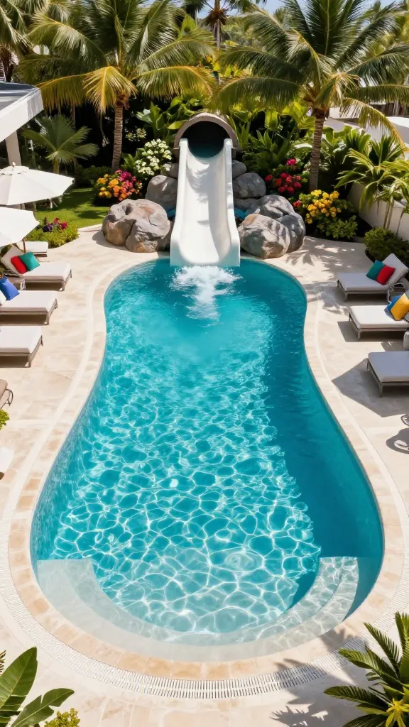 A high-quality, realistic photograph of a luxurious, multi-functional family-friendly freeform swimming pool bathed in bright sunshine. The pool boasts a wide, gently sloping beach entry that transitions into a spacious sun shelf, featuring vibrant, resilient turquoise water. At the deeper end, a sleek, built-in water slide is seamlessly integrated into a stylish, low-profile rock formation. The expansive, non-slip light-colored concrete decking provides ample space, furnished with several modern lounge chairs topped with colorful cushions and large cantilever umbrellas. Lush, well-maintained tropical landscaping, including palm trees and vibrant flowering shrubs, surrounds the pool, creating an inviting, resort-like atmosphere. The scene emphasizes both stylish aesthetics and practical durability for maximum enjoyment. No text on images.