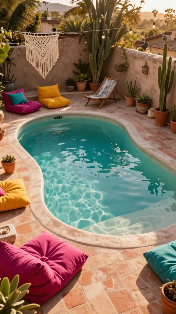 A high-angle, wide shot of a stunning Bohemian Baja-style swimming pool in a sun-drenched backyard, evoking a cool, artsy retreat on the Mexican coast. The pool has a slightly irregular shape with a spacious baja shelf for lounging, and a light plaster interior giving the water a serene turquoise hue. It is framed by warm terracotta tiles that blend with the surrounding earthy-toned patio. Vibrant outdoor textiles in fuchsia, marigold, and teal are artfully draped over oversized, low-slung floor cushions and a weathered wooden lounge chair. Delicate macrame hangings are suspended above, and string lights are strung across the space, suggesting a relaxed evening ambiance. Lush, drought-tolerant plants and cacti in terracotta pots enhance the desert-chic aesthetic. The scene captures a laid-back, free-spirited, and eclectic charm under the warm glow of golden hour sunlight, casting soft shadows and highlighting rich textures. High-quality, realistic photograph, no text.