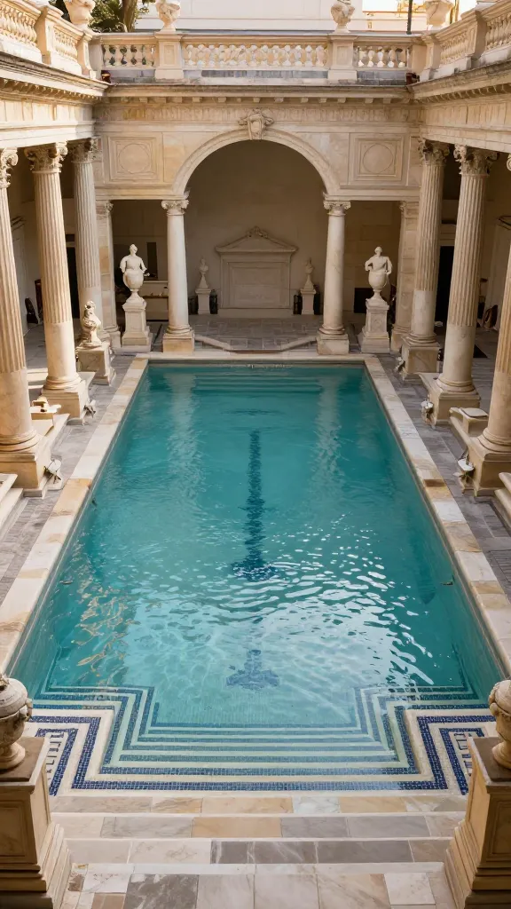 A high-quality, realistic photograph of a magnificent, symmetrically designed Classic Roman Bath swimming pool. The large, rectangular pool, slightly elevated, features grand, wide steps gracefully descending into the shimmering water. Elegant classical columns stand majestically, flanking the pool on either side, supporting an ornate architrave. Intricate mosaic tiling, showcasing a distinct Greek key pattern, adorns the pool's interior and surrounding coping. Classical marble statues and decorative urns are artfully positioned on pedestals around the opulent pool area. The decking and architectural elements are crafted from luxurious, light-toned natural stone, reflecting the warm, golden light of late afternoon, emphasizing its grandeur and indulgence.