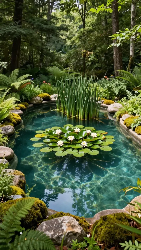 A highly realistic, professional-grade photograph of a serene forest retreat natural swimming pool. The freeform pool design mimics a pristine, untouched pond or small lake, blending seamlessly with the dense, verdant forest environment. A distinct regeneration zone is lushly planted with vibrant water lilies, their pads floating on the surface and delicate blooms open, alongside tall, slender reeds. The pool's edges are intricately softened with a variety of natural, moss-covered stones and abundant native vegetation, including ferns, mosses, and wildflowers, creating a living, eco-friendly ecosystem. Dappled sunlight filters gently through the thick forest canopy, illuminating the crystal-clear water and casting soft shadows, enhancing the tranquil, secluded atmosphere. High resolution, detailed textures.
