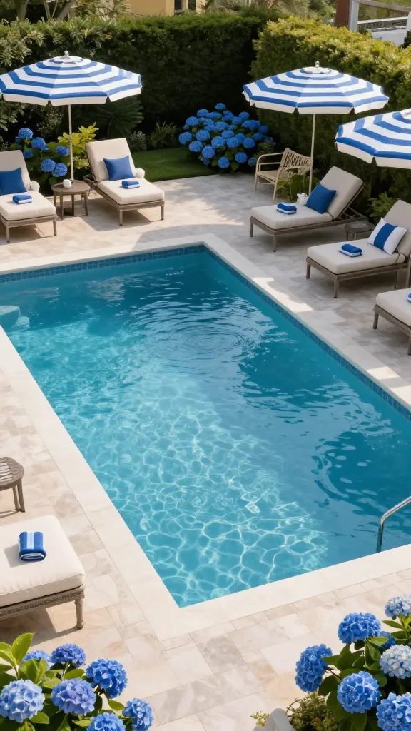 A high-angle, realistic photo of a stunning, traditional rectangular swimming pool in a Coastal Hamptons style backyard. The pool features a crisp light blue tiled interior, evoking clear ocean waters. The surrounding deck is made of light-colored pavers. Several classic blue and white striped umbrellas are strategically placed, providing shade over comfortable chaise lounges upholstered in neutral beige tones. Blue and white accent pillows and folded towels are neatly arranged on the lounges. Lush clusters of vibrant blue hydrangeas bloom in the garden beds around the pool, adding to the sophisticated and fresh summer atmosphere. The scene is bathed in warm, bright late afternoon sunlight, highlighting the breezy elegance and classic American luxury. High resolution, professional photography, no text.