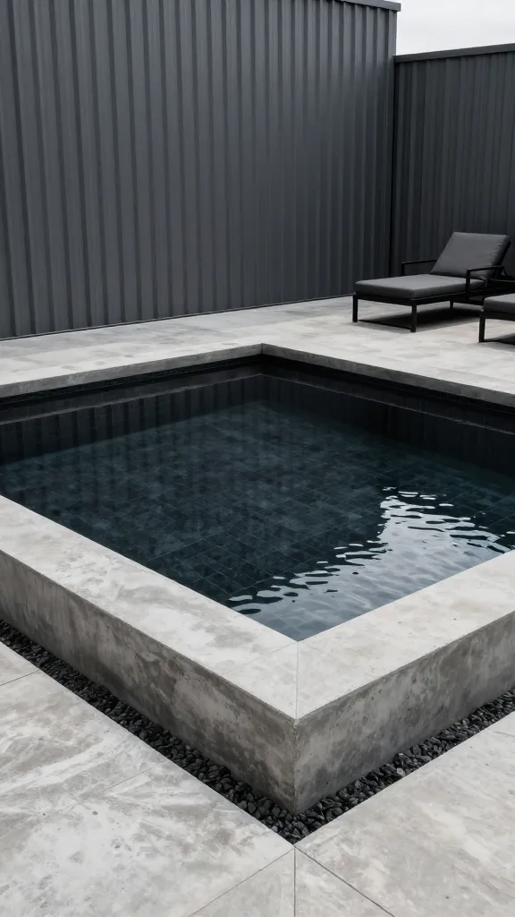 A high-quality, realistic photograph of a stunning industrial loft-inspired swimming pool in a chic backyard space. The structured rectangular pool is partially above ground, with its surround crafted from a striking combination of raw concrete and dark grey corrugated metal panels. The pool's interior features deep black tiles or dark aggregate, creating a dramatic, reflective surface. Clean lines and exposed materials define the edgy aesthetic. Adjacent to the pool, a polished concrete deck hosts minimalist black-framed lounge chairs with dark grey cushions. Bright natural daylight illuminates the scene, enhancing the textures and casting inviting reflections on the water. Wide shot, no text.