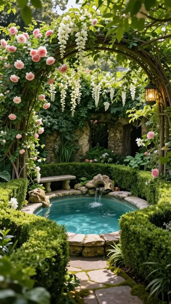 A high-quality, realistic photograph capturing a magical, secluded secret garden hidden pool. A small, freeform plunge pool is intimately nestled within an abundance of dense, lush greenery. Tall, meticulously maintained hedges create ultimate privacy, while fragrant climbing roses and vibrant flowering vines (like jasmine or wisteria) elegantly drape over rustic trellises and stone walls, creating a living canopy. A winding, moss-kissed stone path hints at the hidden entrance to this oasis. Beside the pool, a weathered stone bench offers a quiet spot, and a subtle trickling fountain is integrated into a rock feature, providing a soothing sound. Dappled sunlight filters through the dense foliage, illuminating the scene with a soft, enchanting glow, highlighting a charming, whimsical garden lantern hanging from a branch.