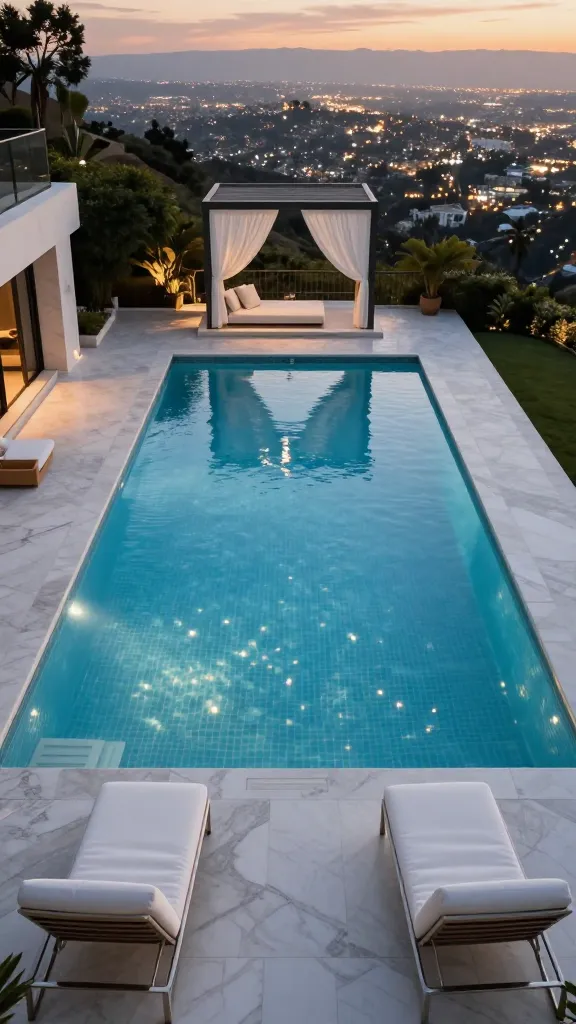 A high-angle, cinematic shot of a stunning L-shaped swimming pool in a luxurious Hollywood Hills backyard at dusk. The pool's interior shimmers with light blue glass tiles that catch the last golden rays of sunlight, creating a dazzling, sophisticated sparkle. Expansive, polished white marble decking surrounds the pool, providing generous space for two pairs of sleek, comfortable white upholstered lounge chairs with minimalist chrome frames. At one end of the pool, a chic, open-sided cabana with flowing white sheer curtains offers an inviting hint of private luxury. In the background, a panoramic view of the twinkling city lights of Los Angeles stretches into the horizon, emphasizing the exclusive Hollywood Hills setting. The overall aesthetic exudes old Hollywood glamour and modern luxury, with impeccable, minimalist landscaping and subtle, elegant accent lighting. Realistic photo, high resolution, no text.
